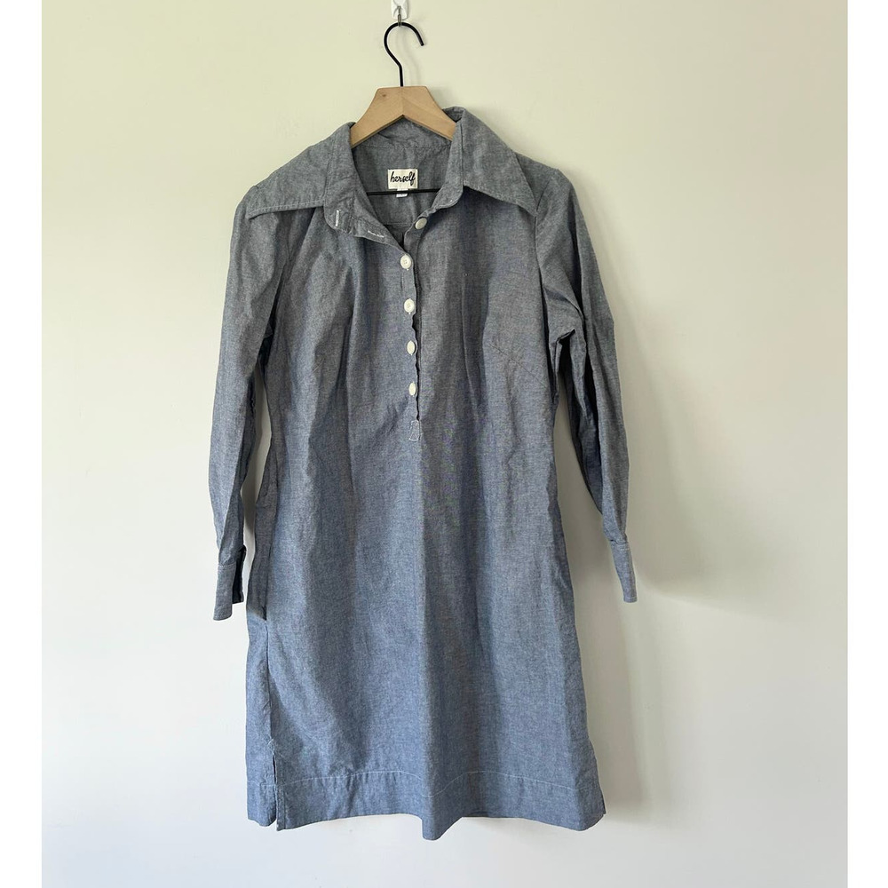 Herself Clothing Cotton Chambray Collared Button-Front Shirt-Dress Large